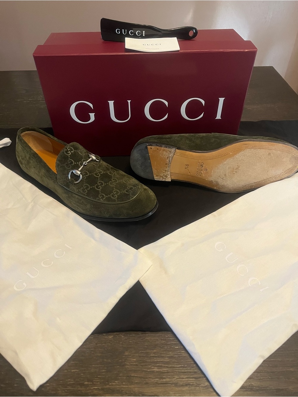 Gucci Olive Green Suede GG Horsebit Loafers